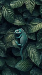 Obraz premium A vibrant green chameleon camouflaged among lush leaves in a serene jungle setting.