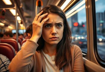Portrait of a young woman on a crowded train