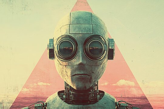 A black robotic head featuring red eyes, positioned in front of a bold red triangle graphic. This abstract, modern design is perfect for a music album cover or contemporary poster - Powered by Adobe