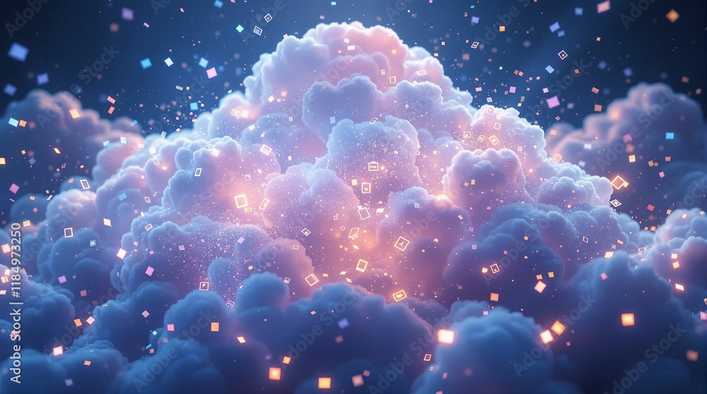 Poster fantastical scene with a large pile of fluffy, glowing clouds against a dark, starry sky. the clouds
