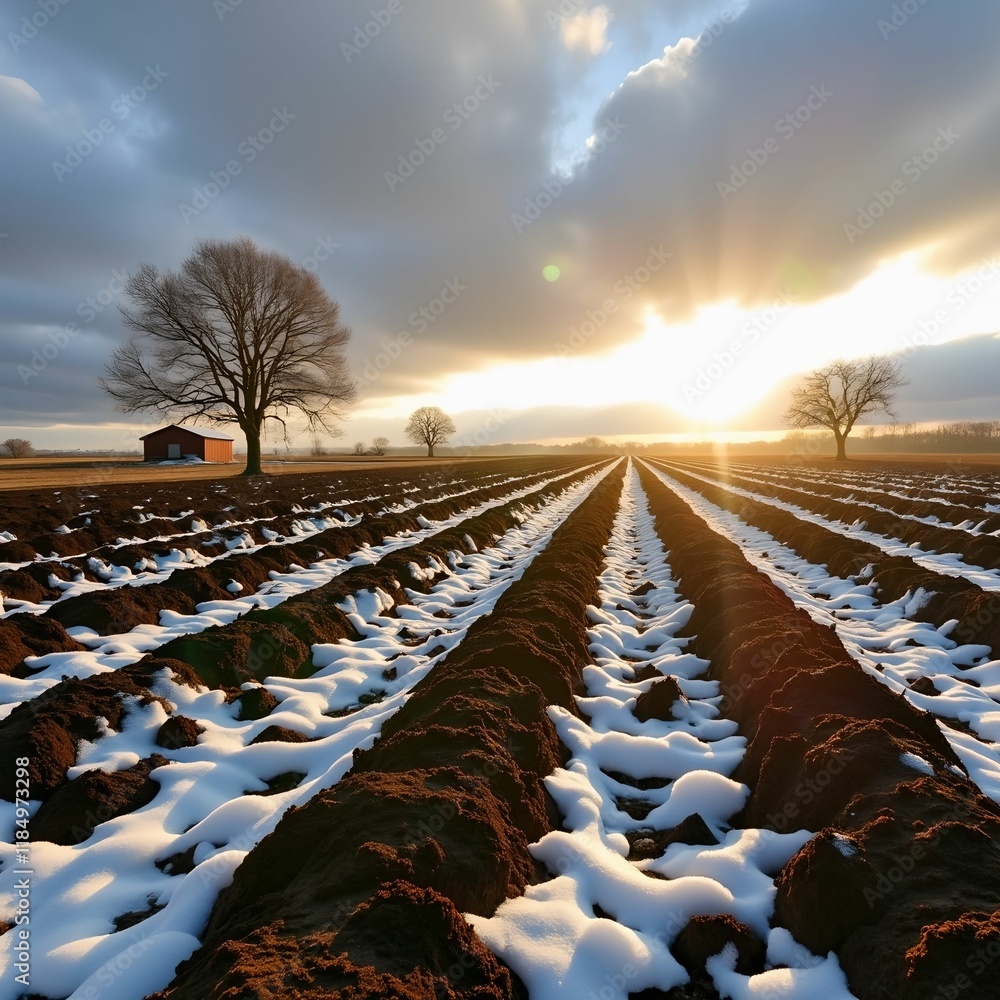 Aufkleber field with rows of crops and a barn in the background. the sky is cloudy with a bright sun shining t