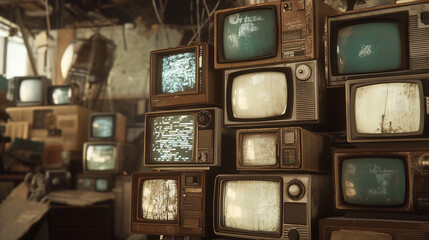 A collection of vintage televisions stacked in an old room, with static on some screens. The nostalgic and retro vibe is ideal for technology, history, or media-related themes.