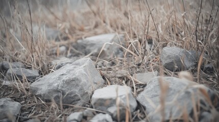 Close-up of gray rocks scattered on dry, brown grass.
