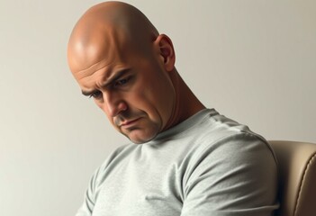 Obraz premium A bald man with a scowl, looking down, with a stern expression