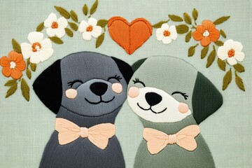 Fototapeta premium Two smiling puppies with bows surrounded by a heart-shaped garland of flowers on pastel green fabric in joyful embroidery art