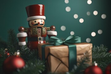 A festive nutcracker figurine stands beside a beautifully wrapped gift, surrounded by Christmas decorations.