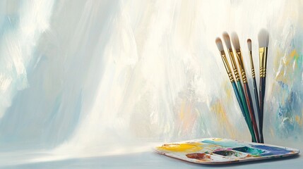 Obraz premium Paintbrushes and palette on painted backdrop.