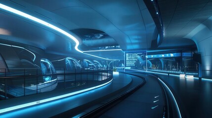 Futuristic interior design featuring sleek lines, blue lighting, and transparent structures.