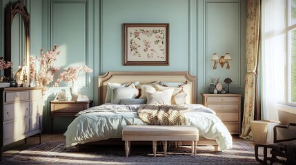 Stylish bedroom featuring a tufted headboard and artistic decorative pillows image