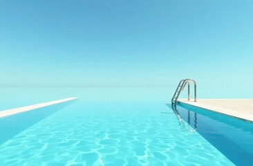 Empty swimming pool with clear water and ladder against blue sky background, creating a serene summer vibe