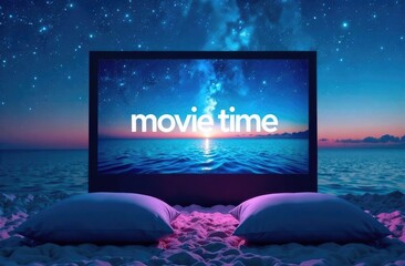 Enjoying movie time under the stars on a serene beach at twilight
