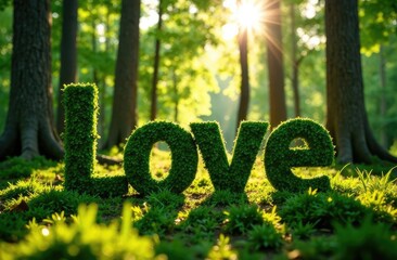 Green lettering of love stands in a sunlit forest surrounded by lush trees and foliage