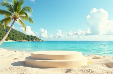 Beach podium summer background sand product 3D sea display platform. Beach podium summer banner stand scene sale sky holiday vacation stage water island sun travel pedestal promotion