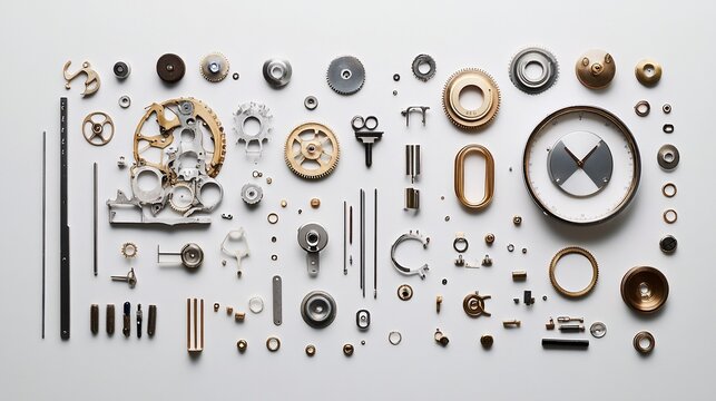 Disassembled clock mechanism parts arranged on white background.