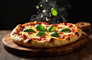 Freshly baked pizza with basil leaves and steaming aroma on a wooden board