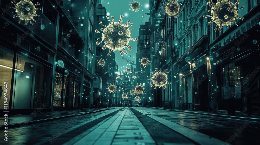 Leinwandbilder empty urban street adorned with symbolic virus motif during twilight hours showcasing isolation and 