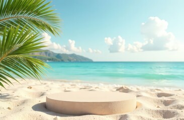 Beach podium summer background sand product 3D sea display platform. Beach podium summer banner stand scene sale sky holiday vacation stage water island sun travel pedestal promotion