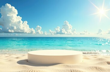 Beach podium summer background sand product 3D sea display platform. Beach podium summer banner stand scene sale sky holiday vacation stage water island sun travel pedestal promotion