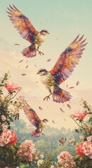 Obraz premium Vibrant birds in flight among blooming roses and butterflies in a fantasy garden