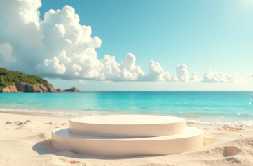 Beach podium summer background sand product 3D sea display platform. Beach podium summer banner stand scene sale sky holiday vacation stage water island sun travel pedestal promotion