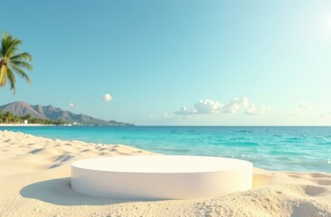 Beach podium summer background sand product 3D sea display platform. Beach podium summer banner stand scene sale sky holiday vacation stage water island sun travel pedestal promotion