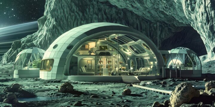 Futuristic lunar habitat showcasing advanced architecture in a moonlit cave.