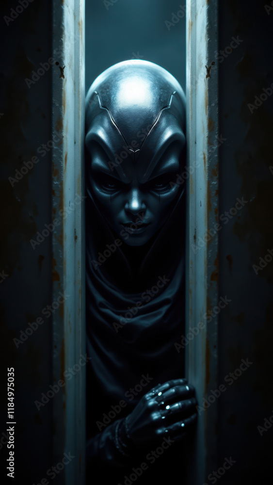 Poster ai character with robotic features peeking through bars on door.