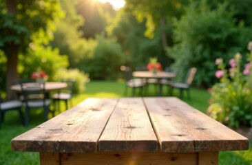 Fototapeta premium Summer time party in backyard with empty wooden table and blurred background