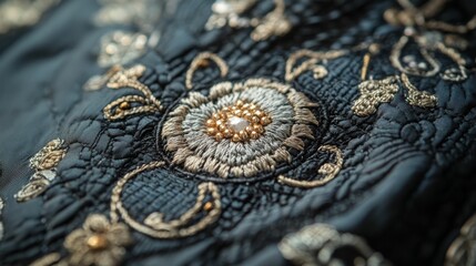 Obraz premium Intricate embroidered fabric, beaded floral motif.