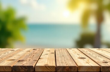 Summer time with empty wooden table and blurred background