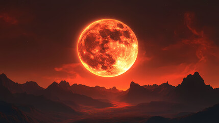 A glowing blood moon illuminating the night, with open copy space for message or branding. no people, surreal and captivating view. Twilighted. Illustration