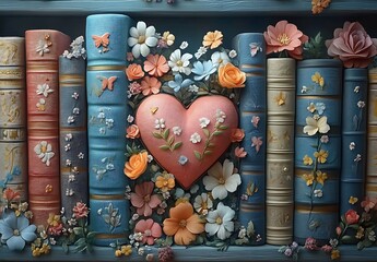 Heart and Flowers Resting on a Stack of Books


