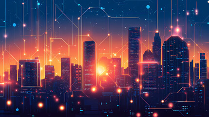 A metropolitan skyline at dusk with towering buildings and bustling avenues. linked by radiant information pathways that create a complex network of progress and invention. Twilighted. Illustration