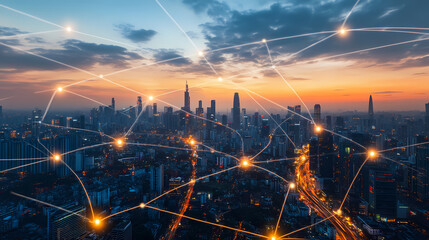 A metropolitan skyline at dusk with towering buildings and bustling avenues. linked by radiant information pathways that create a complex network of progress and invention. Twilighted. Illustration