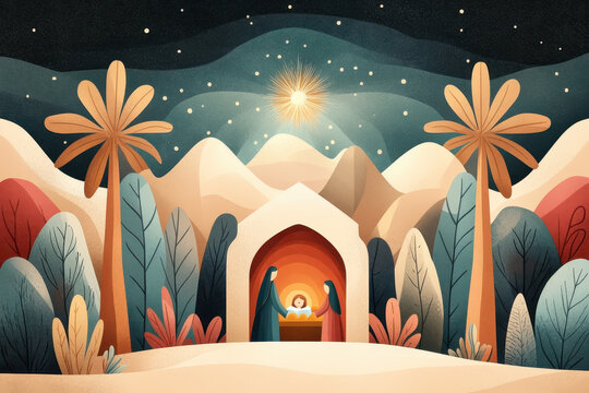 Beautiful nativity scene illustration with Mary, Joseph, and baby Jesus under a bright star in a desert landscape