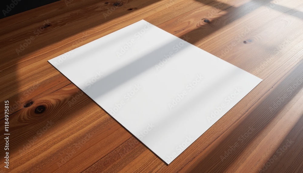 Poster Close-up of a realistic flyer mockup placed on a wooden surface with soft shadows, emphasizing the texture and design