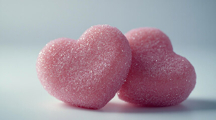 Fototapeta premium Two sparkling pink heart-shaped candies placed on a light background