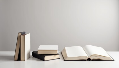 Studio shot of a family of books mockup laid flat, showcasing the different sizes and designs of the books with subtle shadows