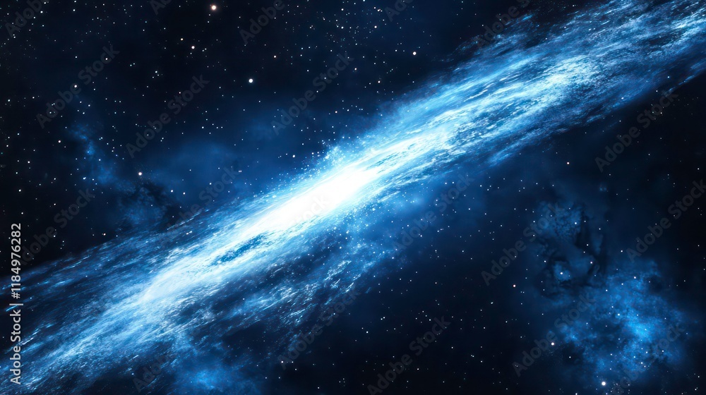 Poster Glowing blue nebula in deep space with bright core and swirling clouds of gas and dust.