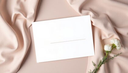 Obraz premium Wedding RSVP card mockup on a soft fabric background, with elegant script and minimal distractions, focusing on the card design