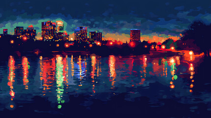Fototapeta premium Austin skyline at dusk with colorful lights reflecting on the water, austin, texas, skyline, evening, dusk, lights. twilighted. illustration. Twilighted. Illustration