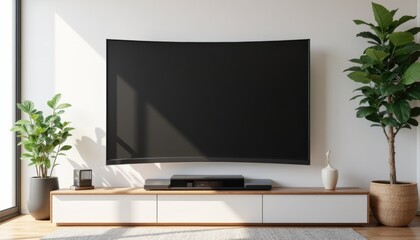 Fototapeta premium Curved TV mockup with a blank screen, placed on a modern TV stand in a minimalistic living room, soft lighting
