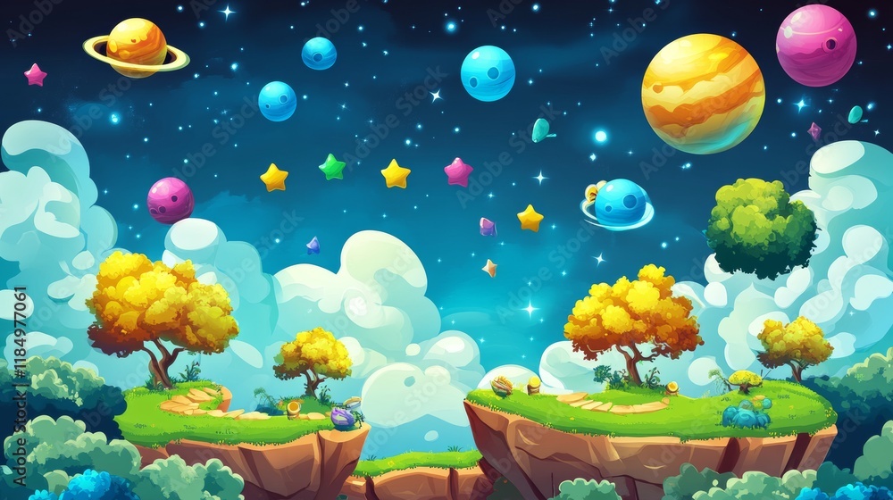Poster space game level map with platforms, alien landscape and planets in sky. vector background for gui i