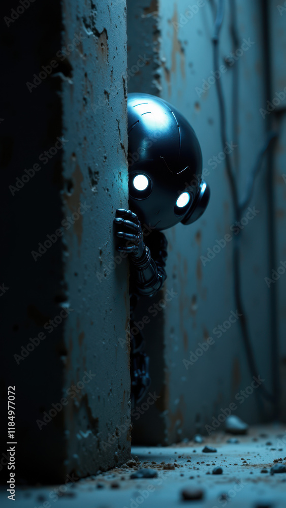 Poster an ai-controlled robot peeks out from behind a wall with glowing eyes, giving an impression of being