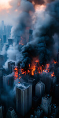 Fire in the city, burning roofs of skyscrapers. The city destroys the flames. Natural disaster from fire in the big city. City fire concept.