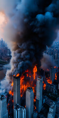 Obraz premium Fire in the city, burning roofs of skyscrapers. The city destroys the flames. Natural disaster from fire in the big city. City fire concept.