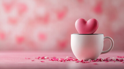 Heart-shaped treat on a white cup surrounded by pink decorations