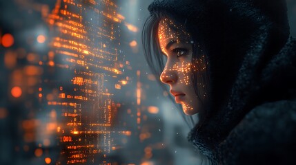 Woman in Hooded Garment Observing Digital Data Stream