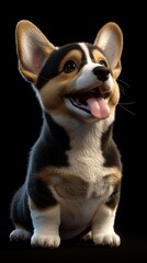 A cheerful, animated corgi puppy with big ears and a playful expression, set against a black background.