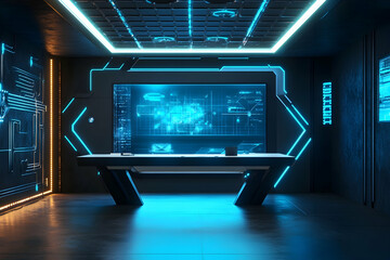 Fototapeta premium Futuristic tech conference booth design with space for text